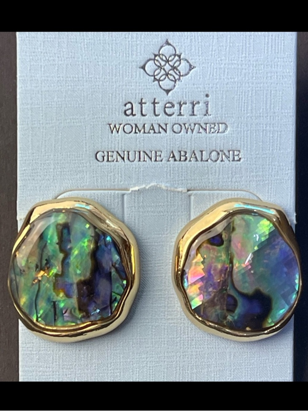 New Atterri Genuine Abalone Shell Stud Earrings - Molten Gold Tone & Iridescent